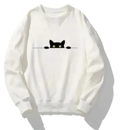 Cat Print Round Neck Sweater - Pylnam