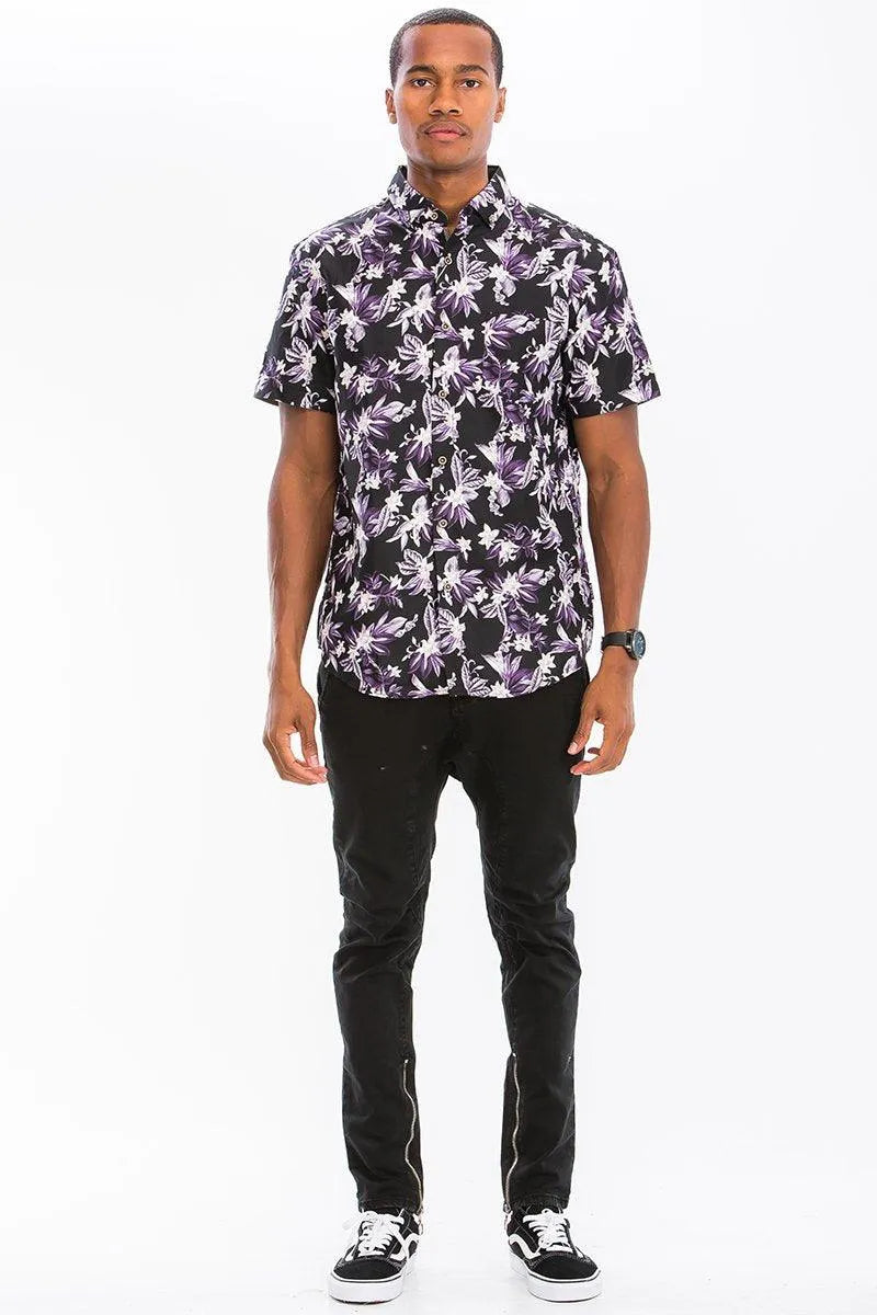 Indigo Floral Elegance Button-Up Shirt - Pylnam