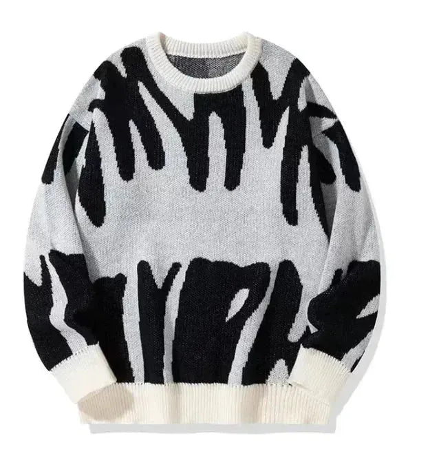 Men's Timeless B&W Knit Sweater with Classic Round Neck - Pylnam