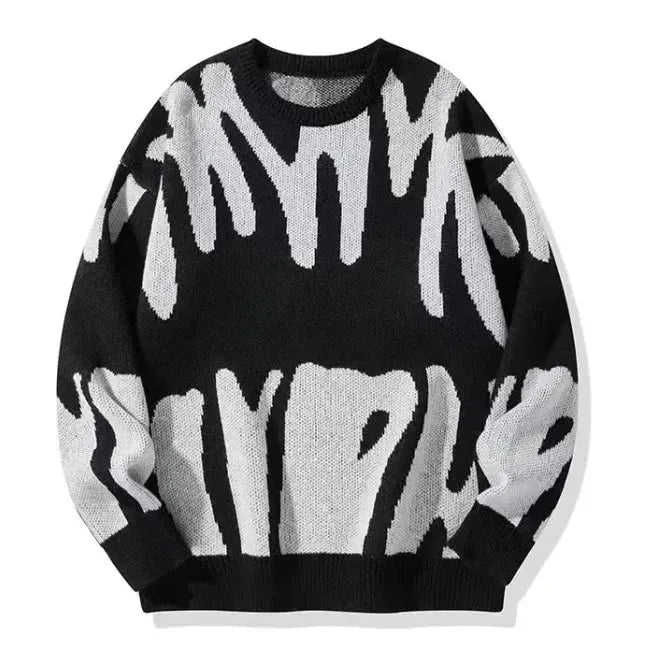 Men's Timeless B&W Knit Sweater with Classic Round Neck - Pylnam