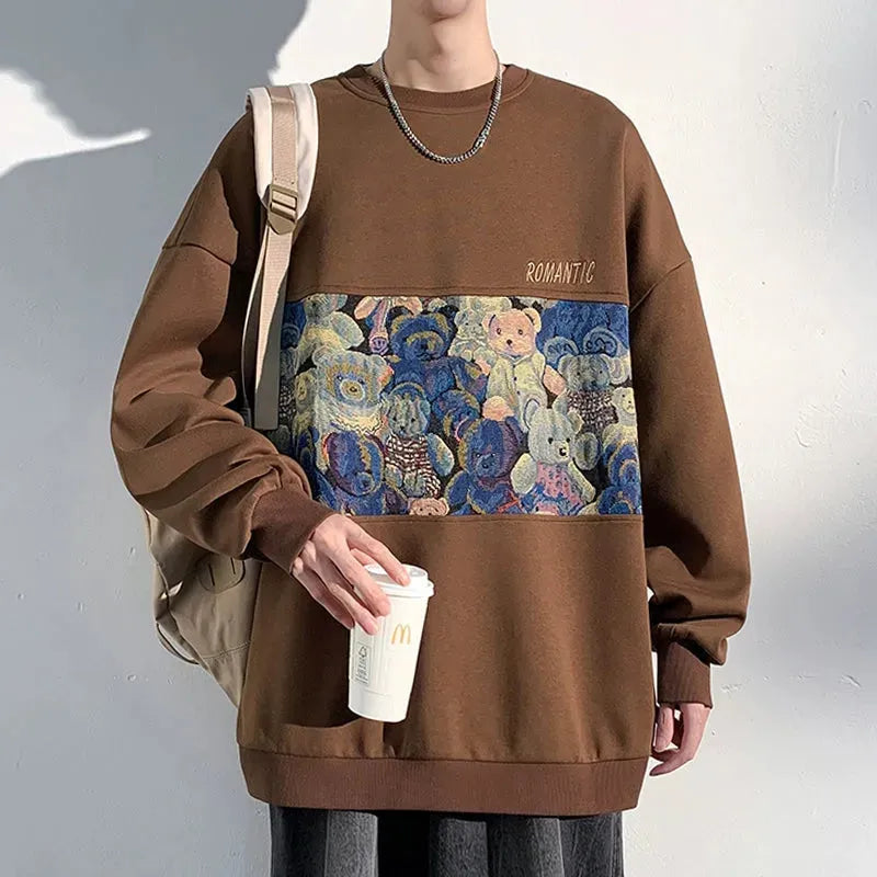 Patchwork Comfort: Oversized Men's Cozy Bear Sweatshirt - Pylnam