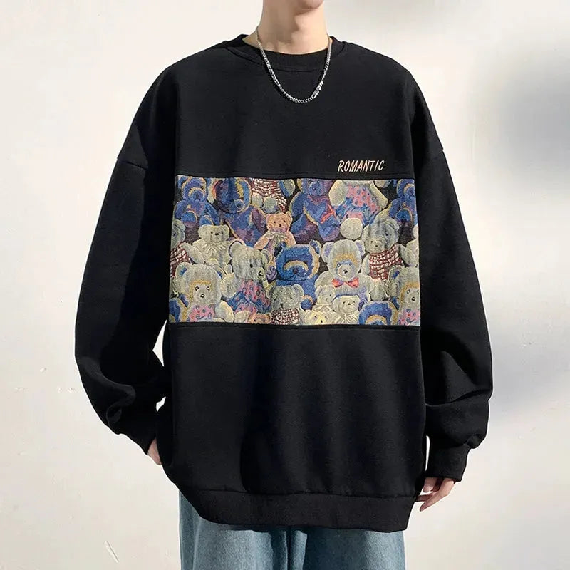 Patchwork Comfort: Oversized Men's Cozy Bear Sweatshirt - Pylnam