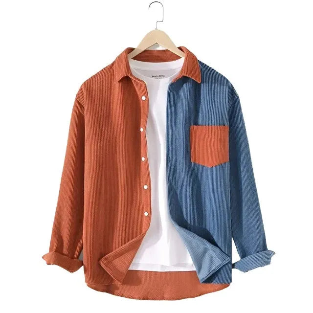 Patchwork Corduroy Long Sleeve Lapel Shirt - Pylnam