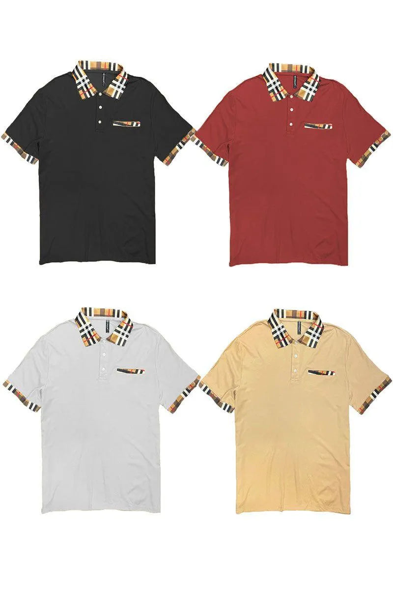 Plaid Accent Short Sleeve Polo Shirt - Pylnam