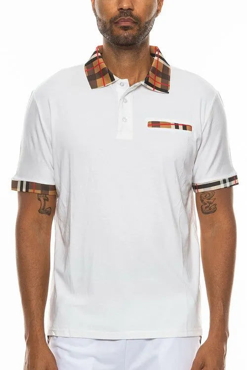 Plaid Accent Short Sleeve Polo Shirt - Pylnam