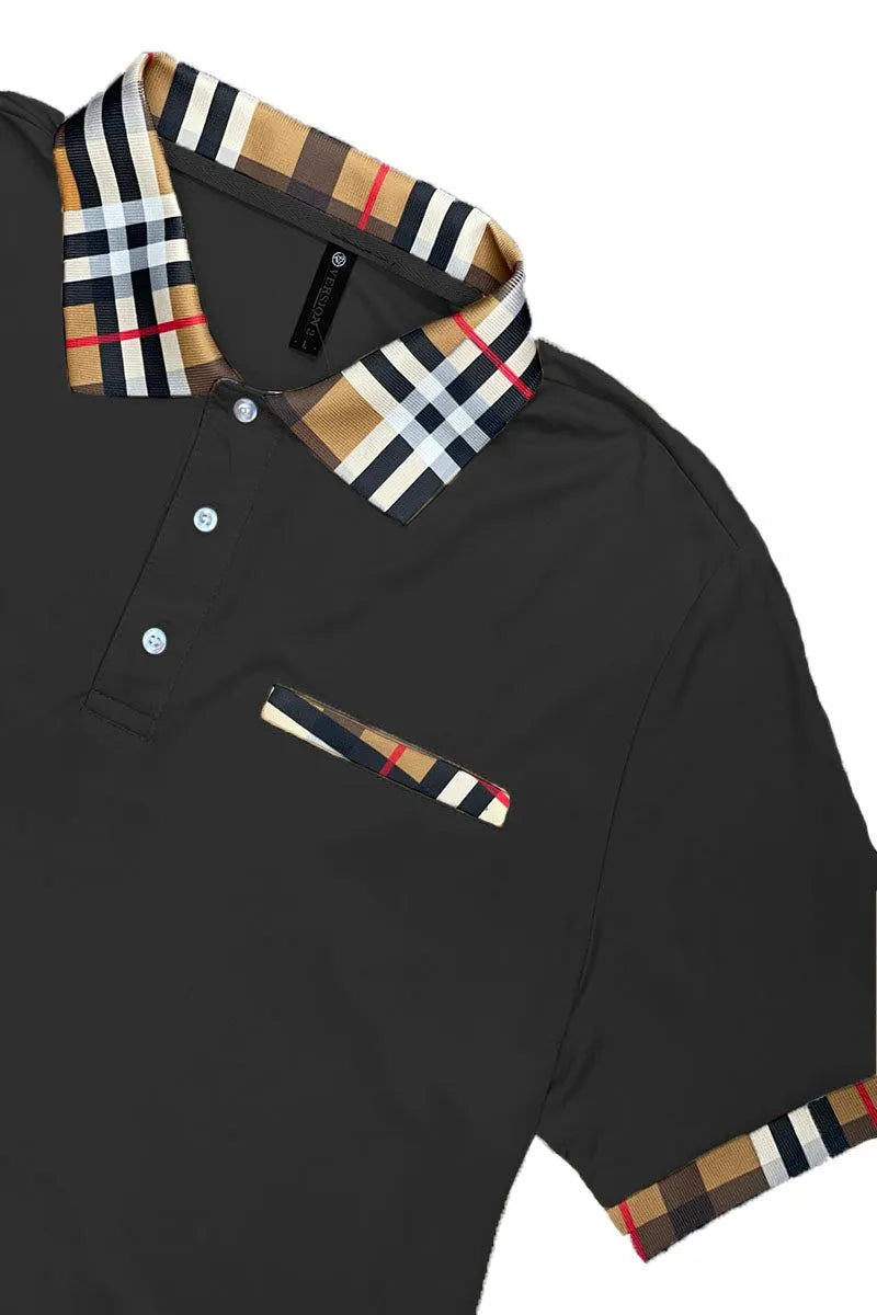 Plaid Accent Short Sleeve Polo Shirt - Pylnam