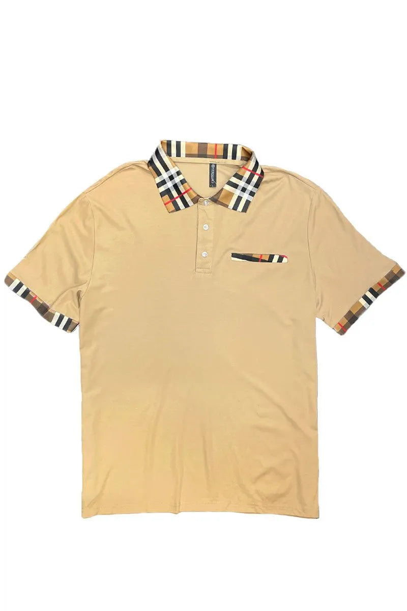 Plaid Accent Short Sleeve Polo Shirt - Pylnam