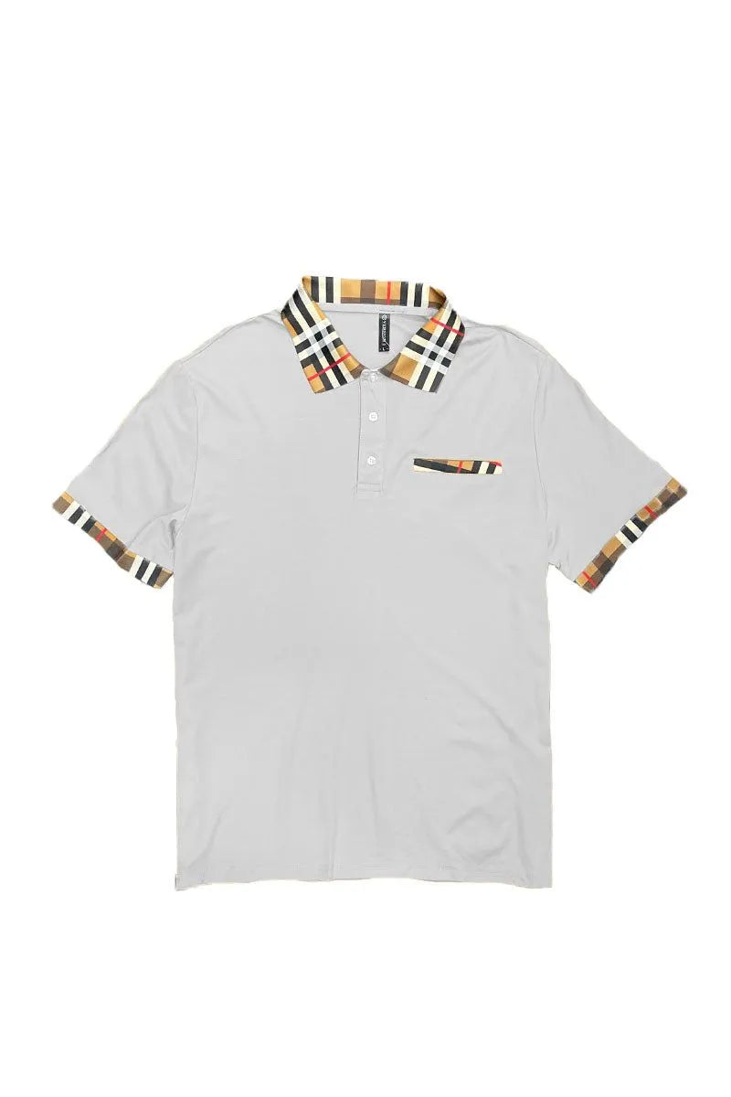 Plaid Accent Short Sleeve Polo Shirt - Pylnam