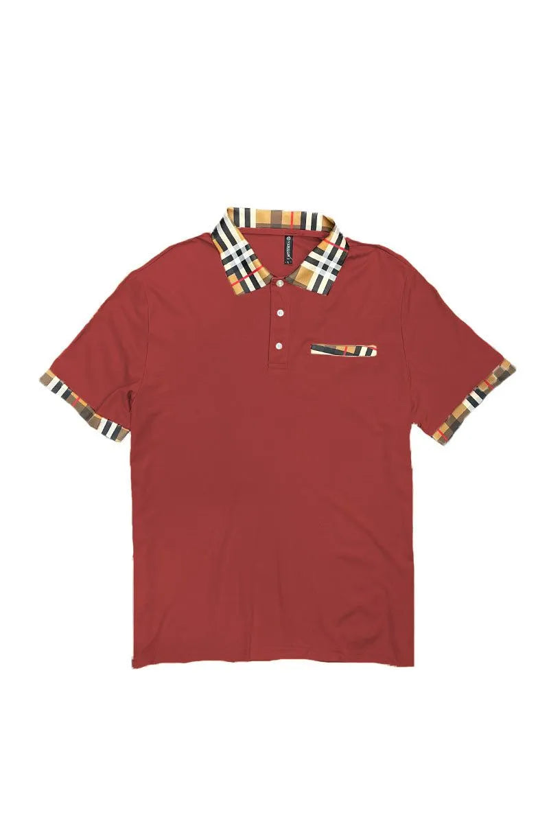 Plaid Accent Short Sleeve Polo Shirt - Pylnam