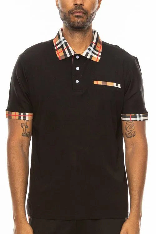 Plaid Accent Short Sleeve Polo Shirt - Pylnam