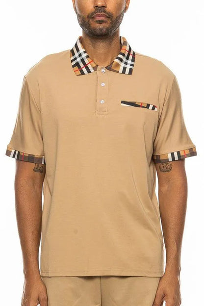 Plaid Accent Short Sleeve Polo Shirt - Pylnam