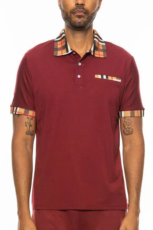 Plaid Accent Short Sleeve Polo Shirt - Pylnam