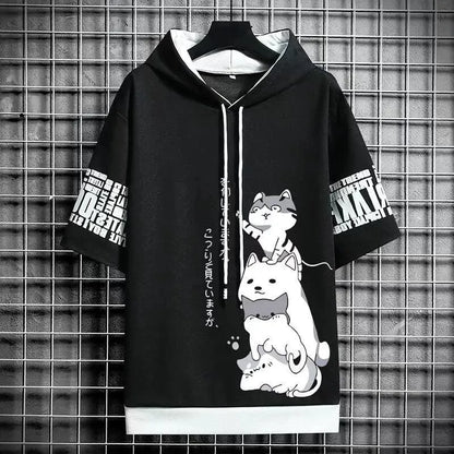 Playful Cartoon Cat Short Sleeve Hoodie - Pylnam