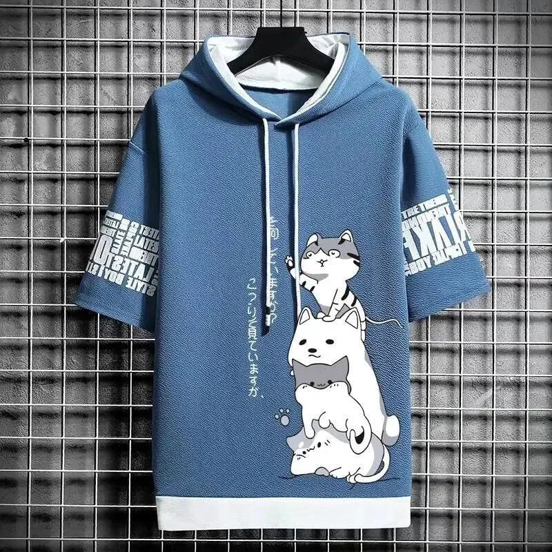 Playful Cartoon Cat Short Sleeve Hoodie - Pylnam