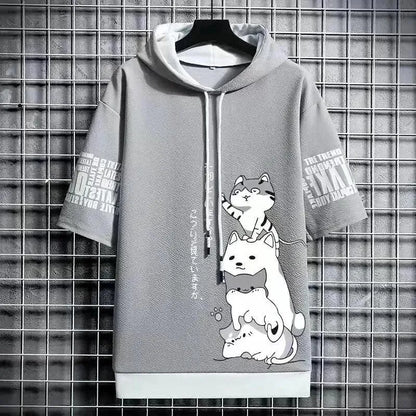 Playful Cartoon Cat Short Sleeve Hoodie - Pylnam