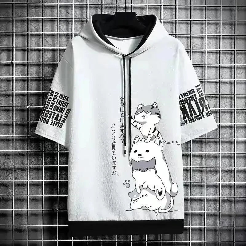 Playful Cartoon Cat Short Sleeve Hoodie - Pylnam