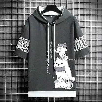 Playful Cartoon Cat Short Sleeve Hoodie - Pylnam