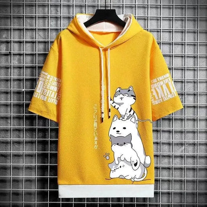 Playful Cartoon Cat Short Sleeve Hoodie - Pylnam