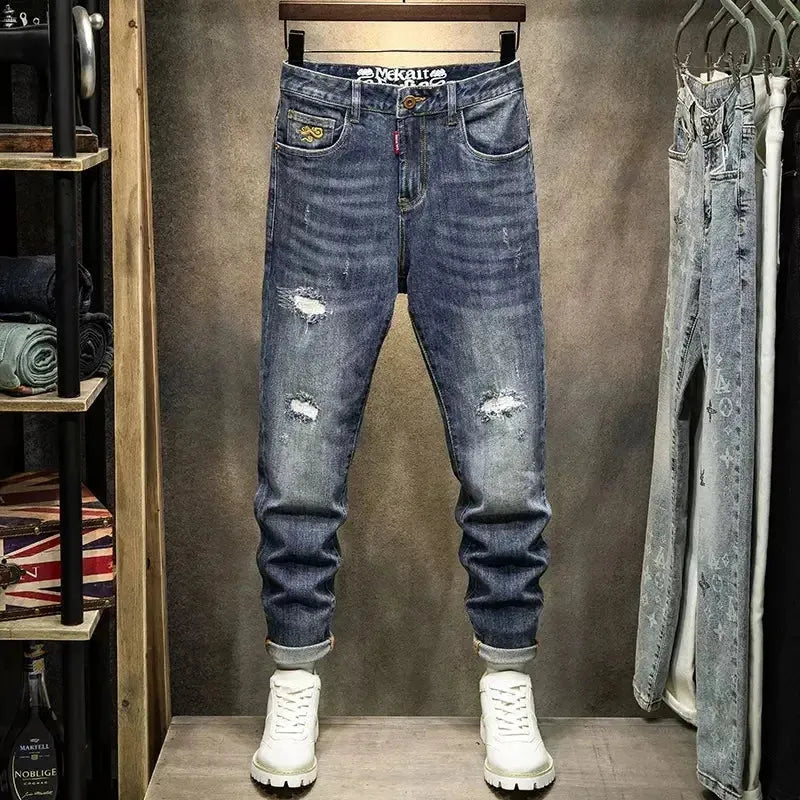 Retro Blue Patched Slim Fit Ripped Jeans - Pylnam