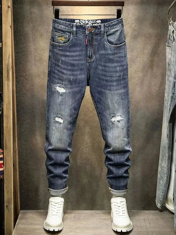 Retro Blue Patched Slim Fit Ripped Jeans - Pylnam