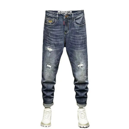 Retro Blue Patched Slim Fit Ripped Jeans - Pylnam