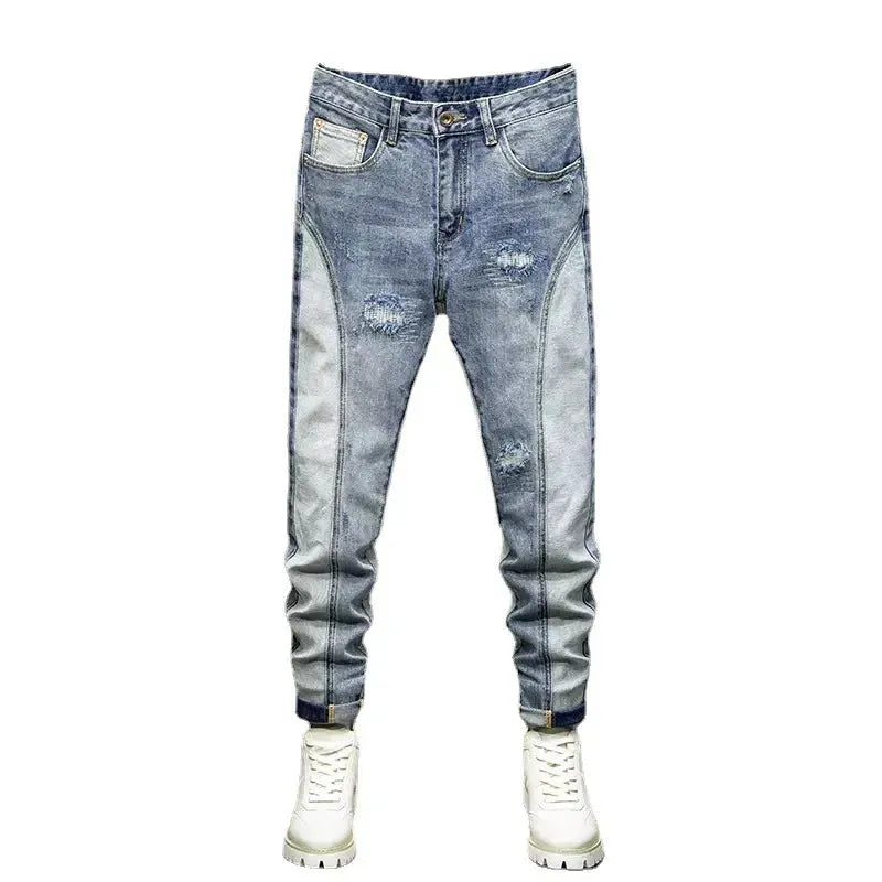 Retro Blue Spliced Elastic Slim Fit Ripped Jeans - Pylnam