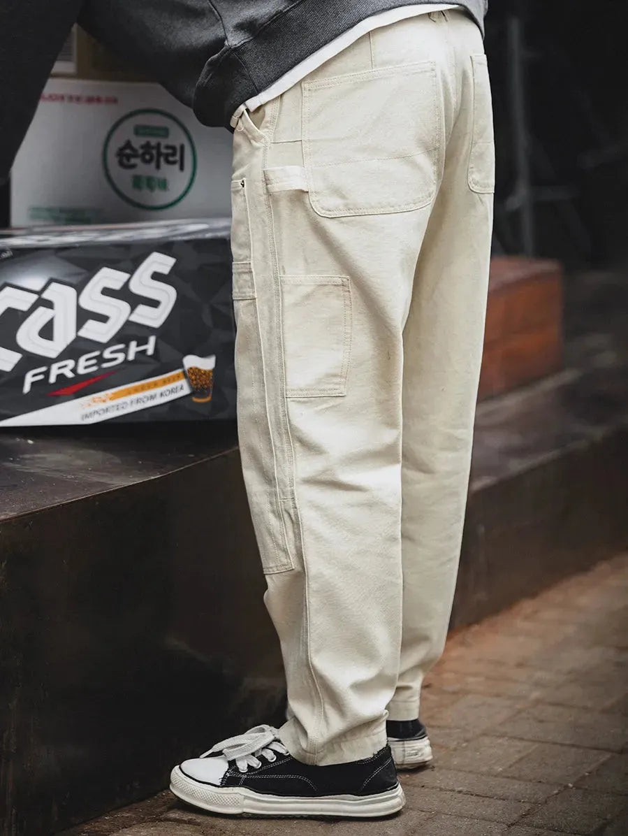 Retro Distressed Loose Cream Washed Straight Fit Pants - Pylnam