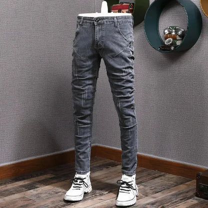 Retro Gray Stretch Slim Ripped Jeans - Pylnam