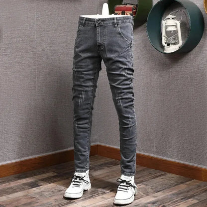 Retro Gray Stretch Slim Ripped Jeans - Pylnam