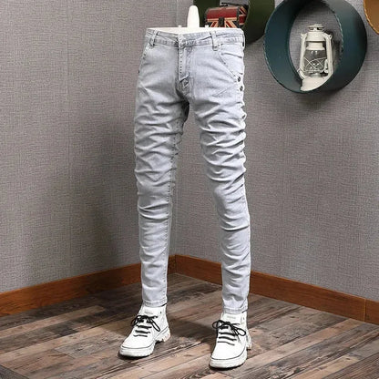 Retro Gray Stretch Slim Ripped Jeans - Pylnam