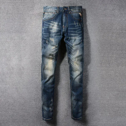 Retro Washed Navy Slim Fit Ripped Jeans - Pylnam