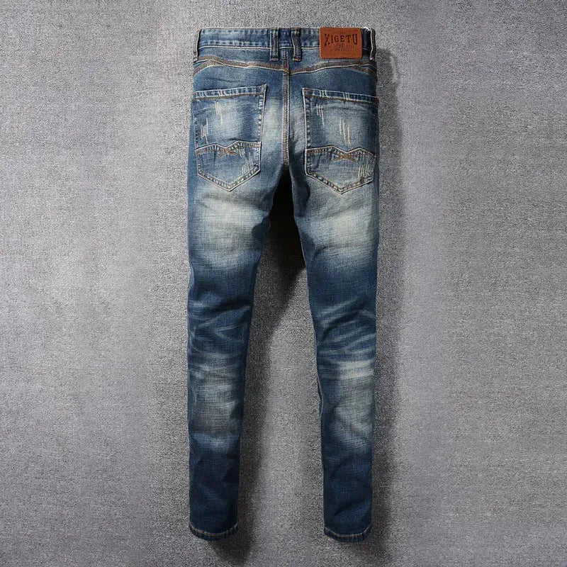 Retro Washed Navy Slim Fit Ripped Jeans - Pylnam