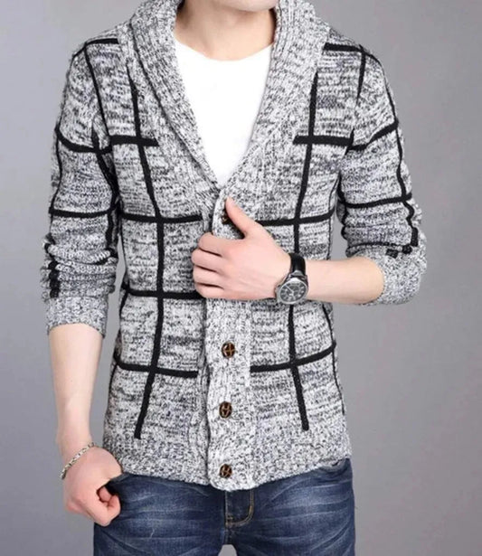 Shawl Collar Grey Stripped Cardigan - Pylnam