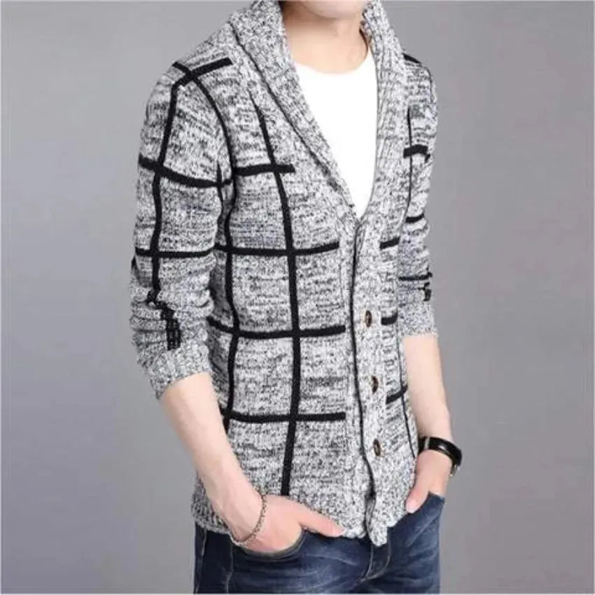 Shawl Collar Grey Stripped Cardigan - Pylnam