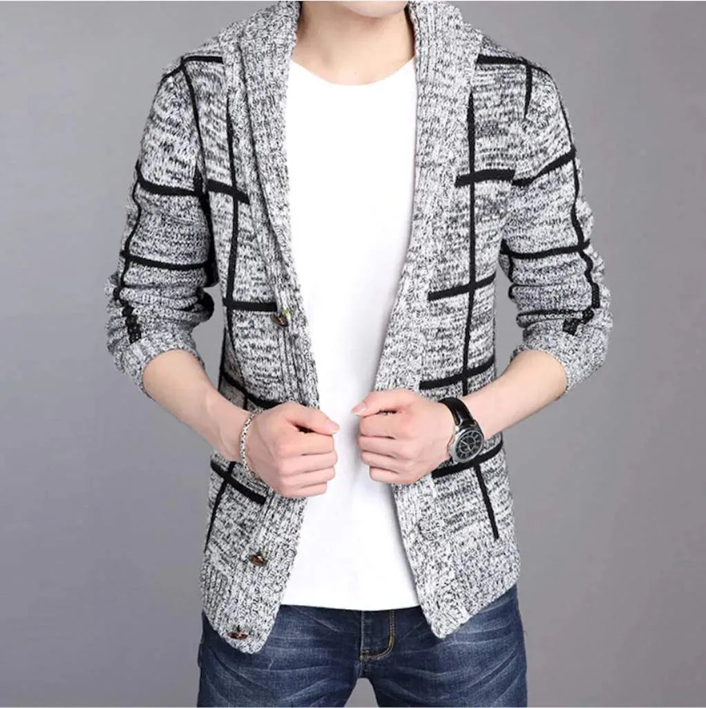 Shawl Collar Grey Stripped Cardigan - Pylnam