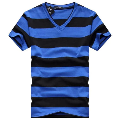 Striped Cotton Short Sleeve V-Neck T-Shirt - Pylnam