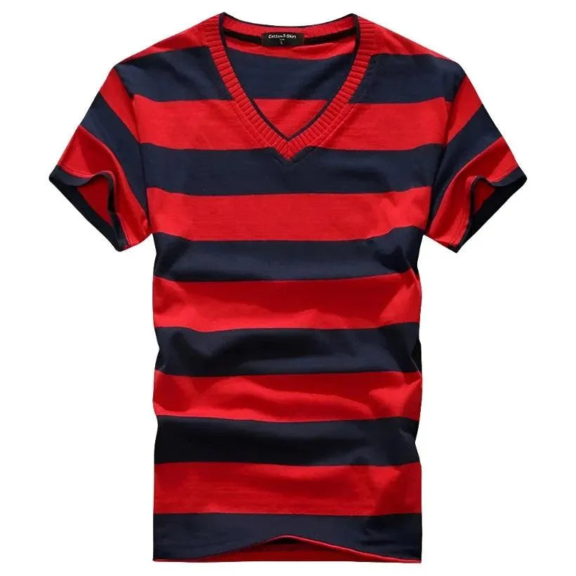 Striped Cotton Short Sleeve V-Neck T-Shirt - Pylnam