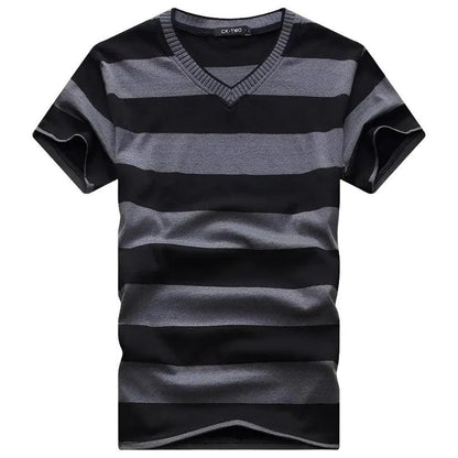 Striped Cotton Short Sleeve V-Neck T-Shirt - Pylnam