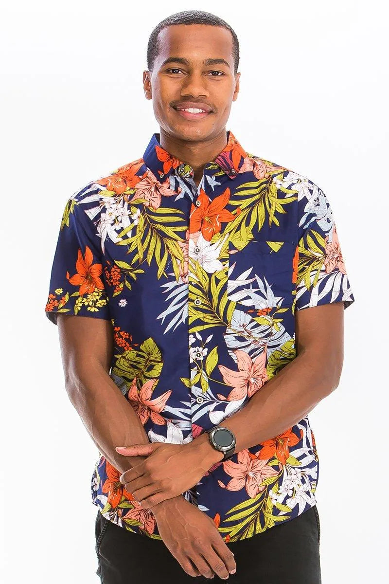 Tropical Aloha Leaf Print Button-Up Shirt - Pylnam