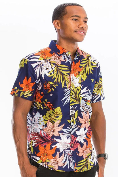 Tropical Aloha Leaf Print Button-Up Shirt - Pylnam