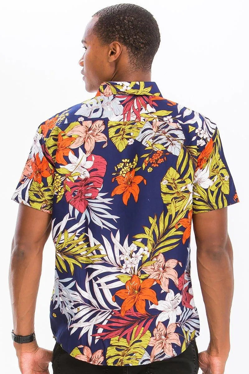 Tropical Aloha Leaf Print Button-Up Shirt - Pylnam