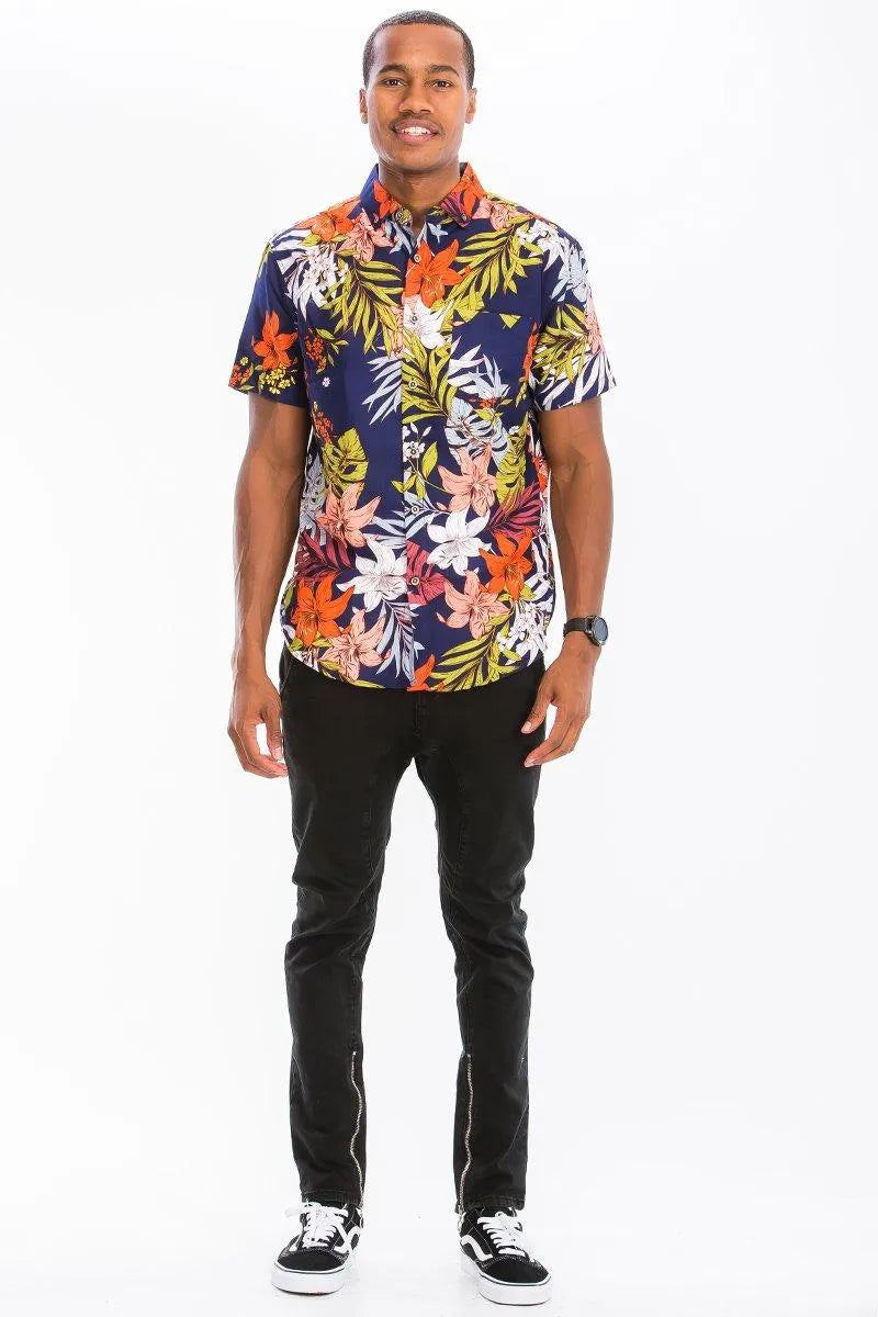 Tropical Aloha Leaf Print Button-Up Shirt - Pylnam