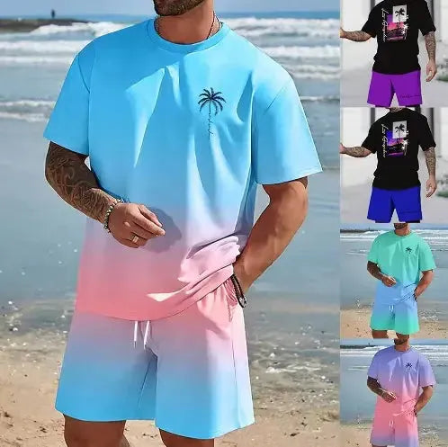 Tropical Paradise Men's Beachwear Set: Hawaiian Shirt & Shorts Combo - Pylnam