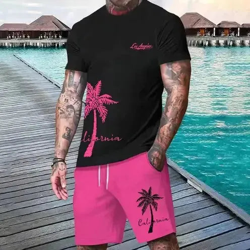 Tropical Paradise Men's Beachwear Set: Hawaiian Shirt & Shorts Combo - Pylnam