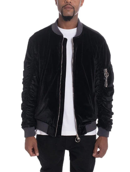 Velour Cinch Sleeve Bomber Jacket - Pylnam