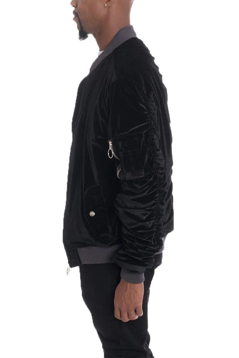 Velour Cinch Sleeve Bomber Jacket - Pylnam