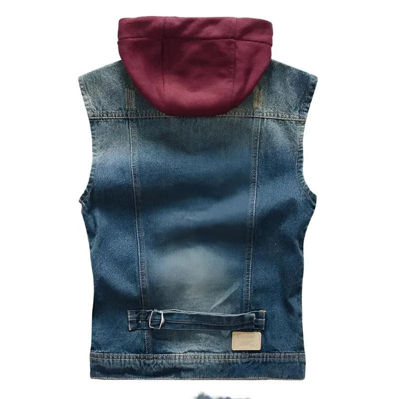 Versatile Hooded Denim Vest with Detachable Features - Pylnam