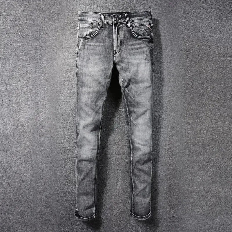 Vintage Dark Gray Slim Fit Ripped Jeans - Pylnam