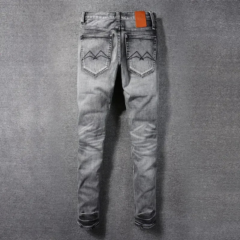 Vintage Dark Gray Slim Fit Ripped Jeans - Pylnam