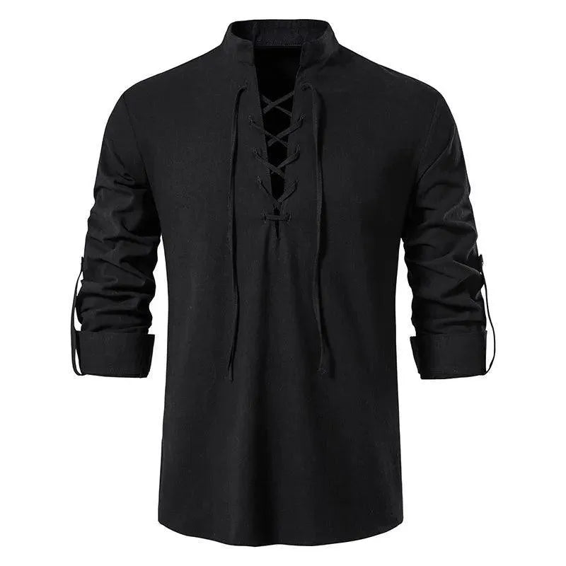 Vintage-Inspired Long Sleeve Shirt with Slanted Placket - Pylnam